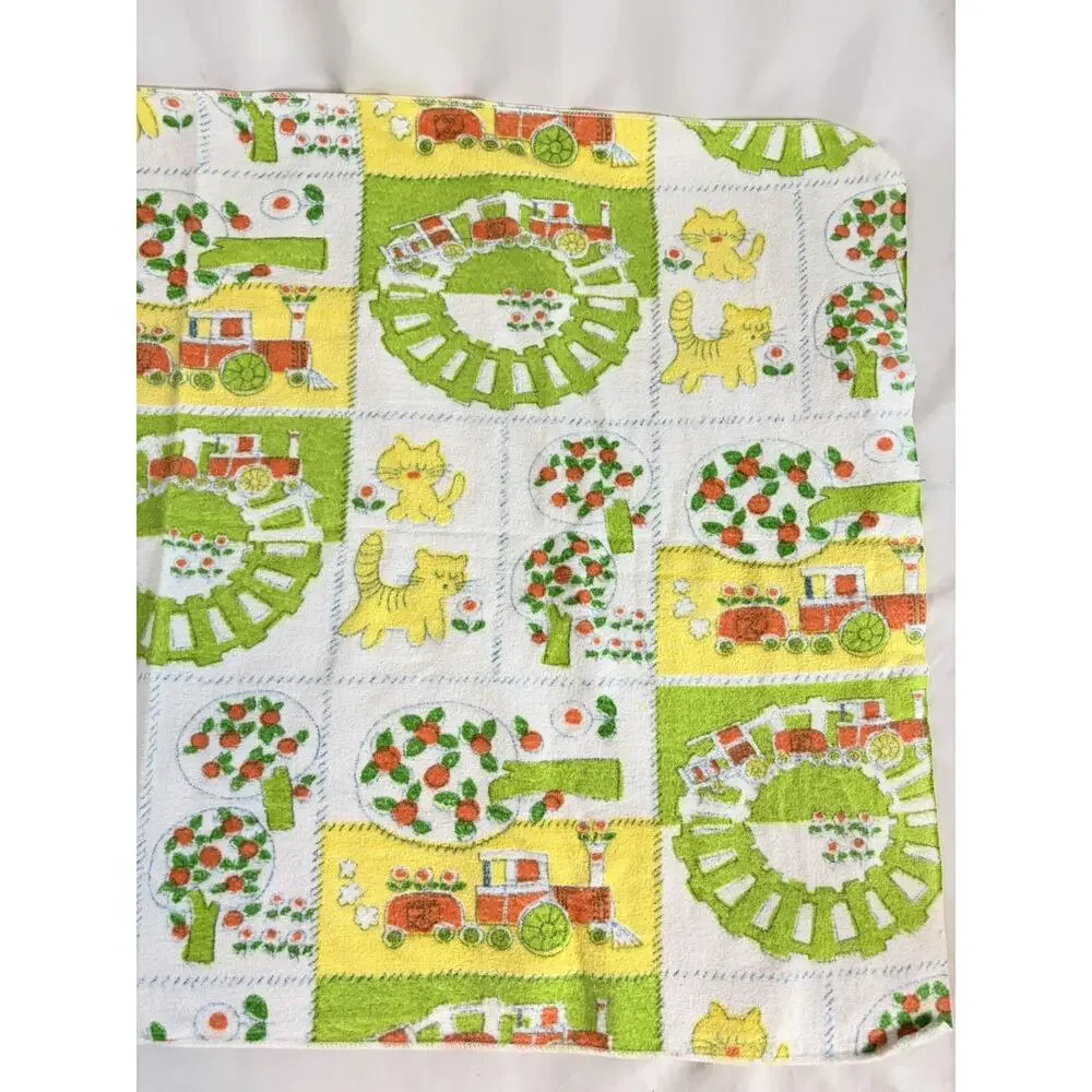 Vintage Baby Receiving Blanket Green Yellow Orange Trees Cats Trains 26x39